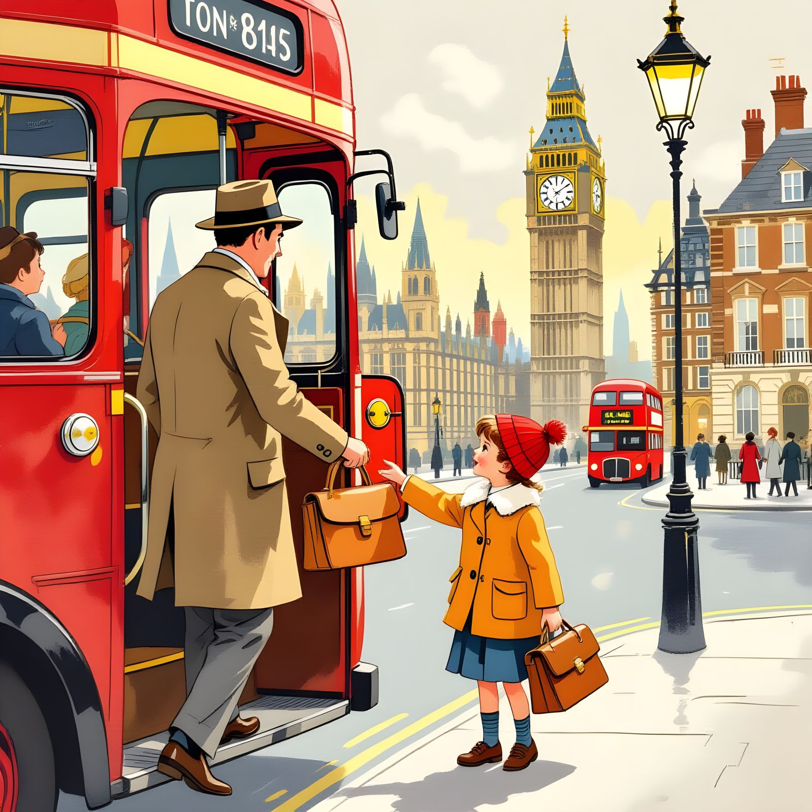 Nostalgic London Bus Scene as Children's Book Illustration