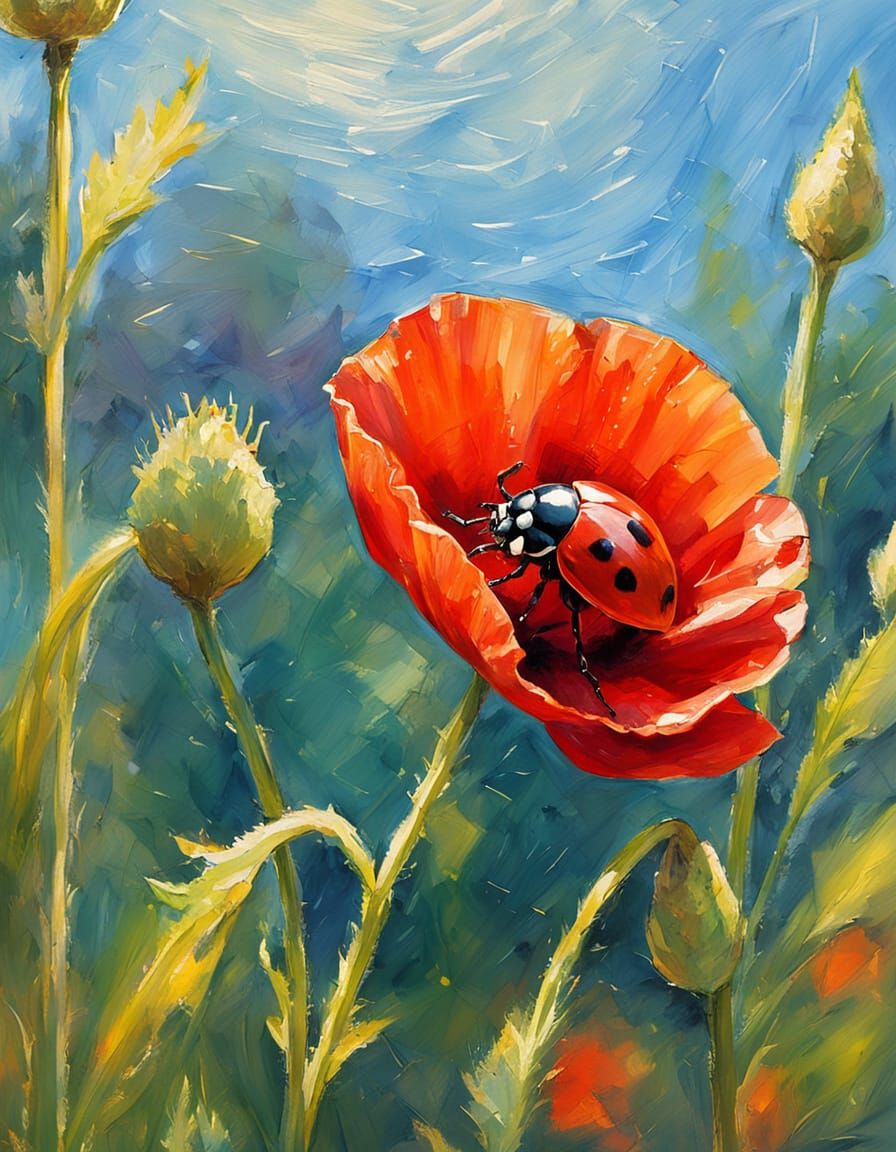 Ladybug on Poppy in Impressionist Style