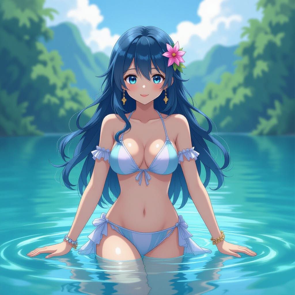 Blue-Haired Goddess Emerges from Lake in Anime Style