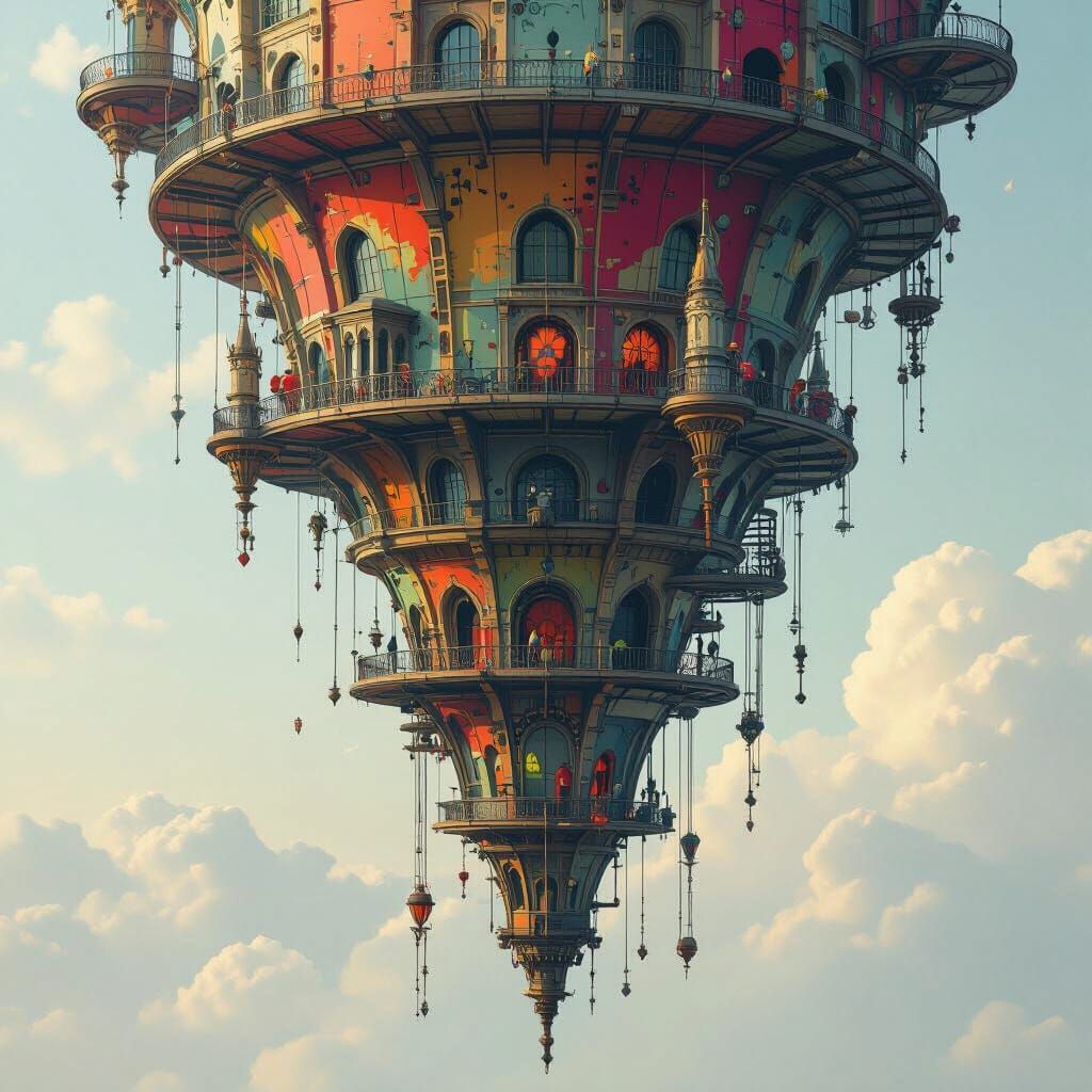 Gothic City Suspended on Mechanical Gear Cone