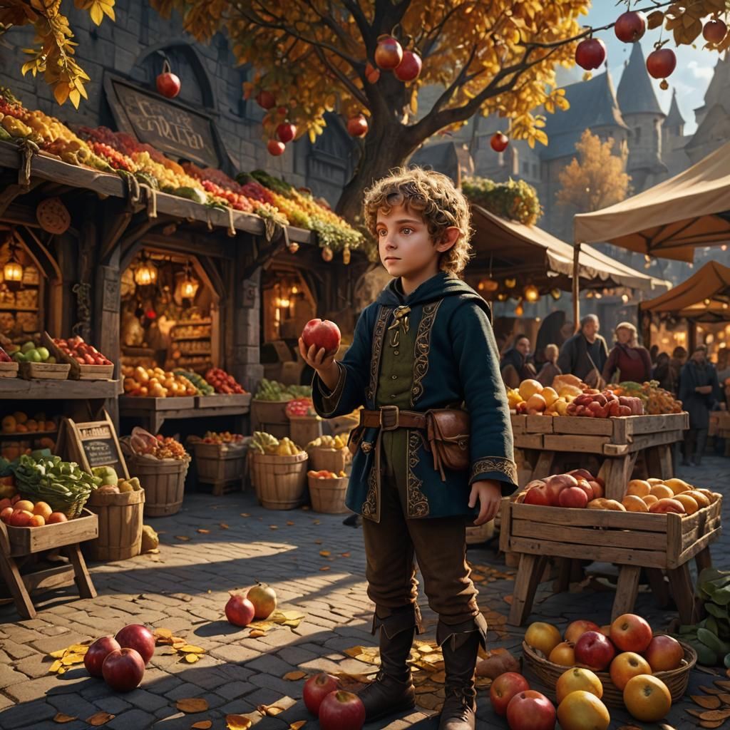 Elf at Autumn Market Stall in Oil Painting Style
