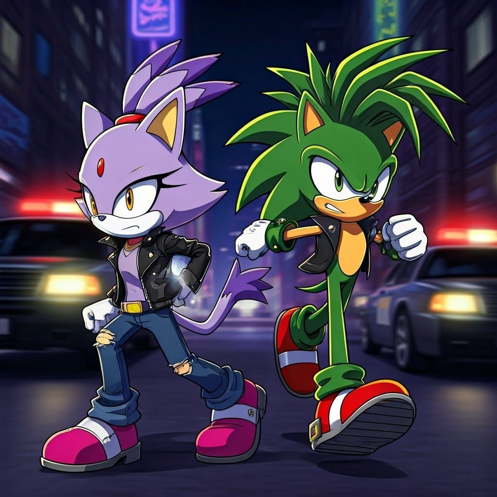 Sonic Heroes on the Run in a Neon City
