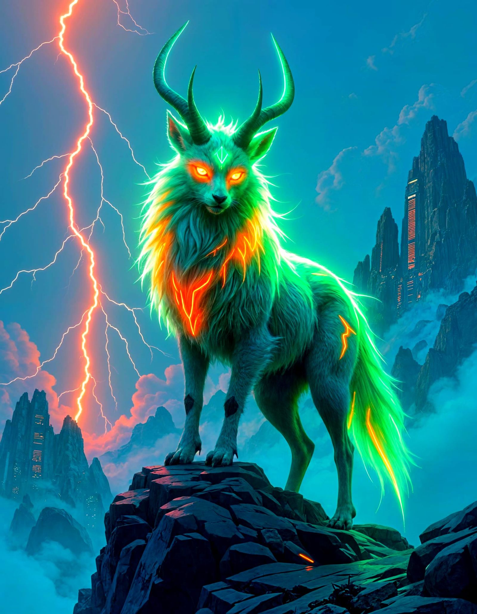 Neon Satyr on Mountain in Cyberpunk Style