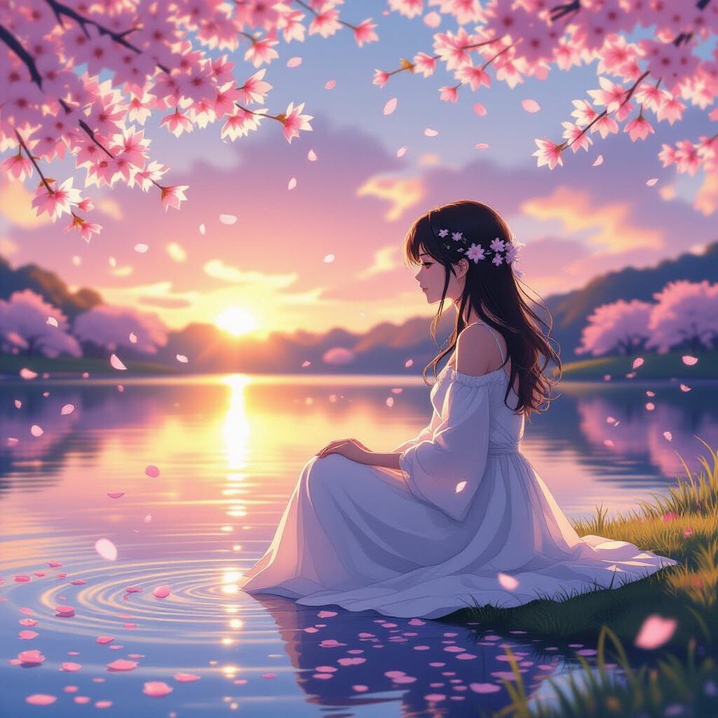 Dreamlike Anime Scene: Girl, Lake, and Fireflies