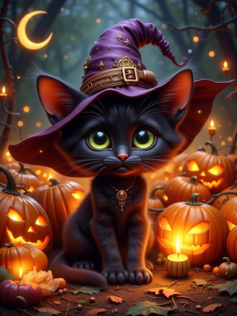Black Kitten in Witch Hat with Pumpkins