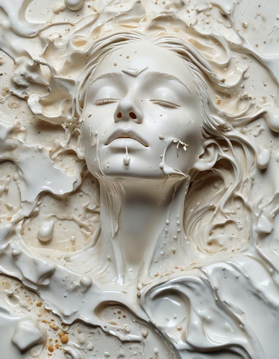 Wax and Porcelain Woman in Milk, Hyper-Realistic Digital Art