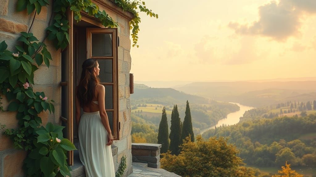 Serene Woman Gazing Out at Warm Hued Landscape