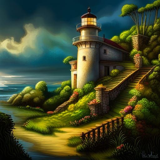 Moss-Covered Lighthouse in Hyperrealistic Splash Art