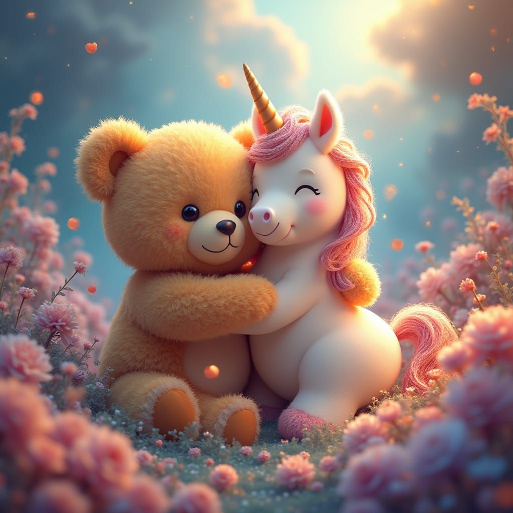 Joyful Teddybear and Unicorn Embracing in Whimsical Landscap...