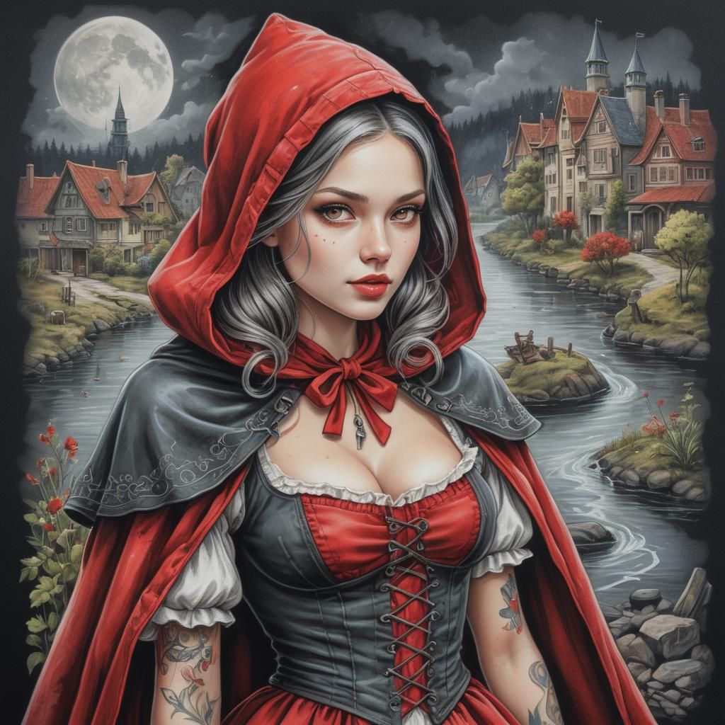 Little Red Riding Hood in Colorful Pastel Drawing