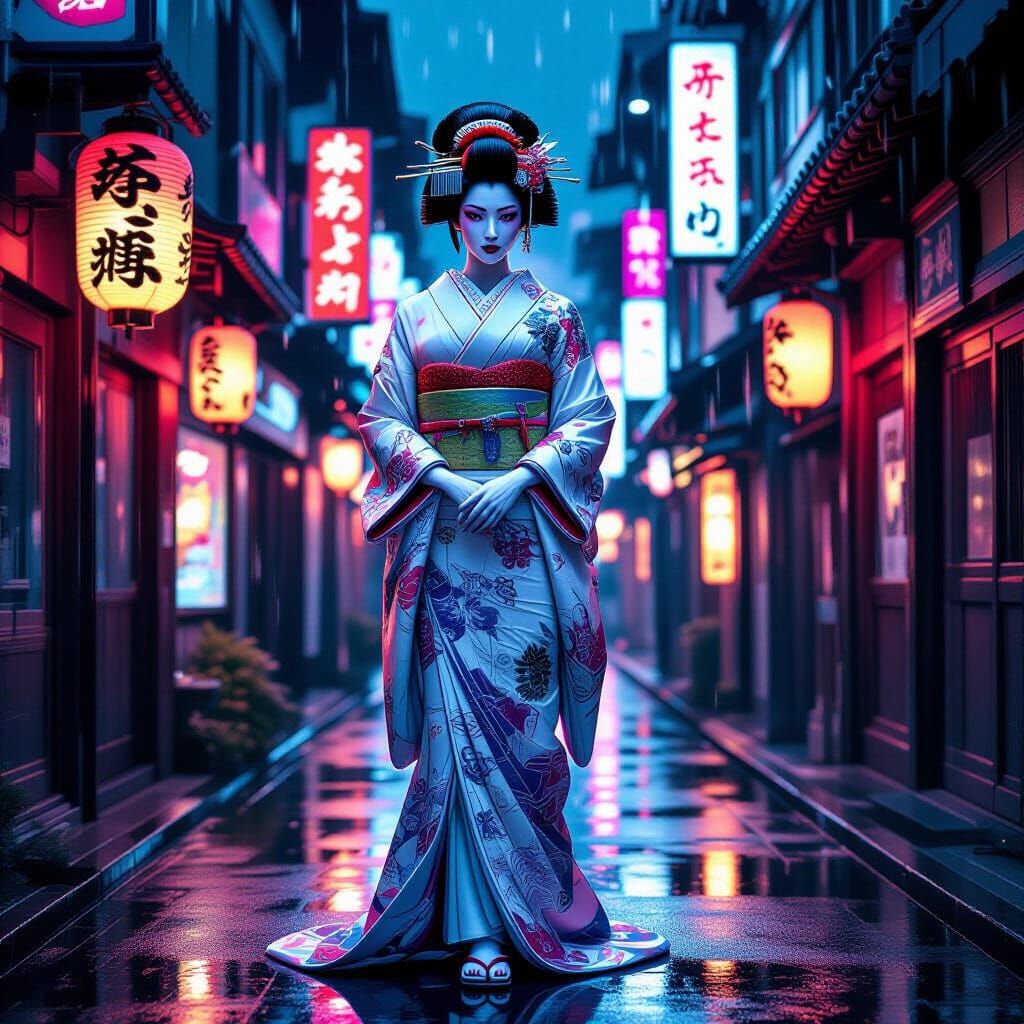 Cyborg Geisha in Neon Tokyo Alleyway
