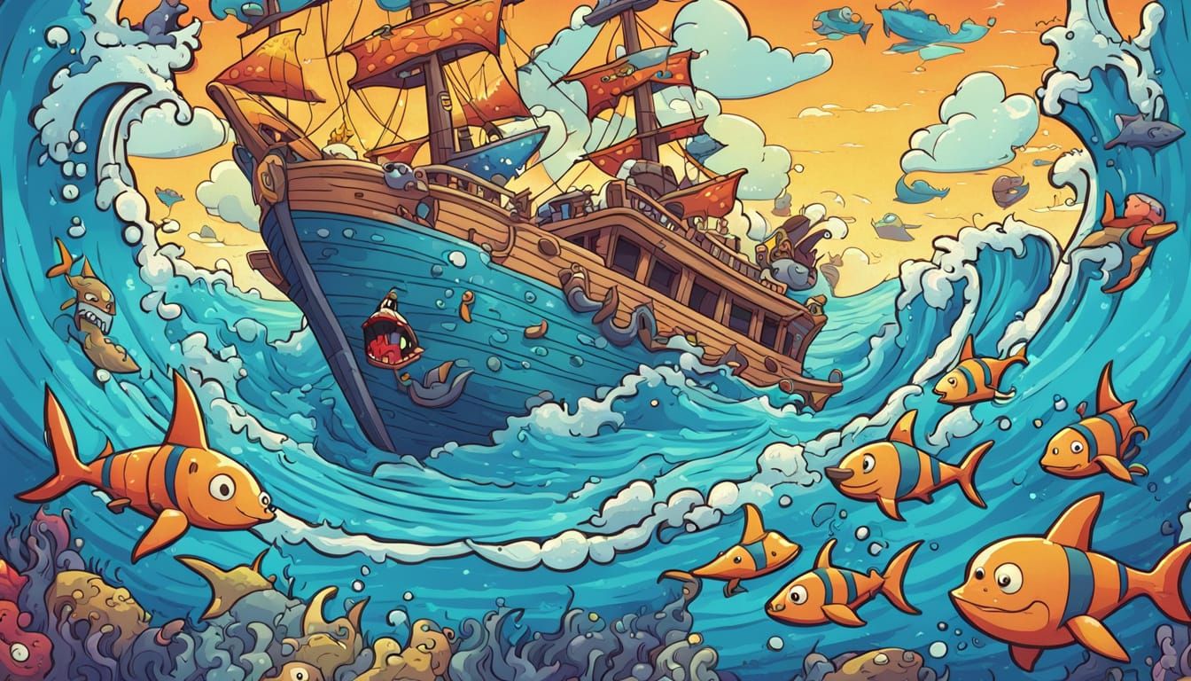 Pirate ship suroundet by wierd Fish