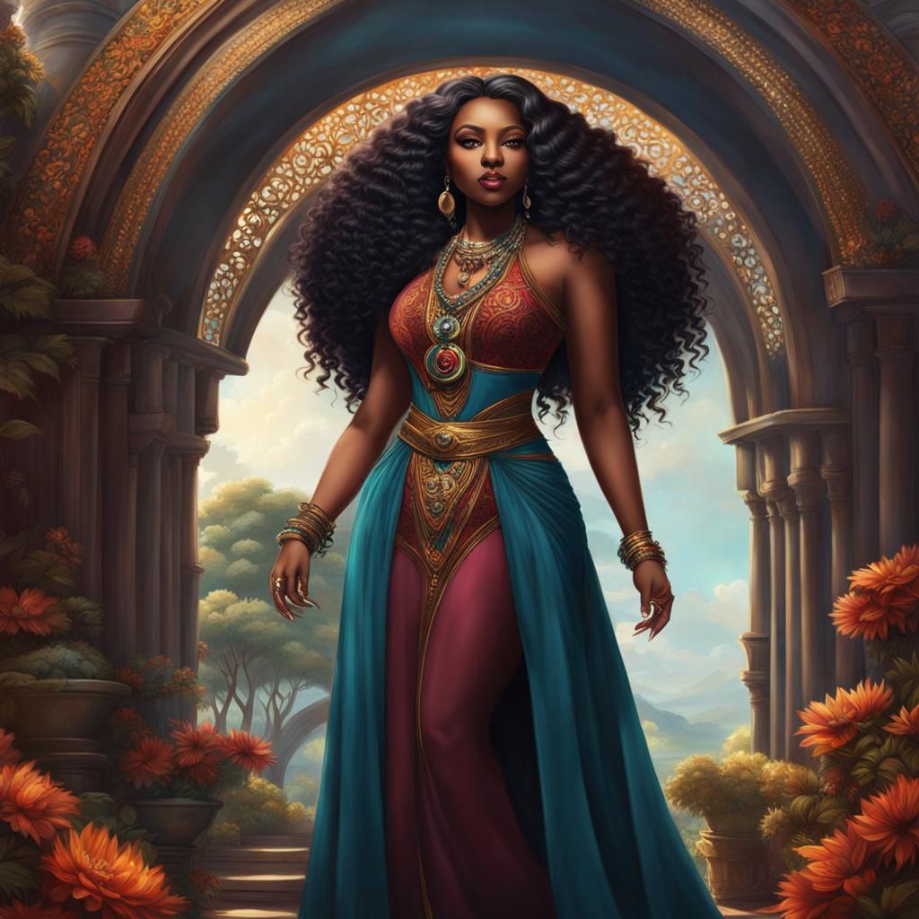 Beautiful Black Woman with Multi-Colored Hair in Fantasy Art