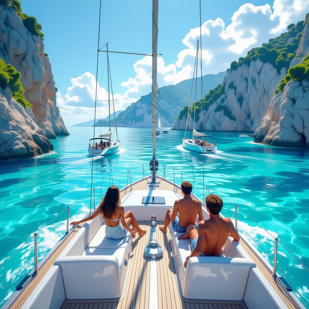 Modern Boats on Mediterranean Coast in Anime Style