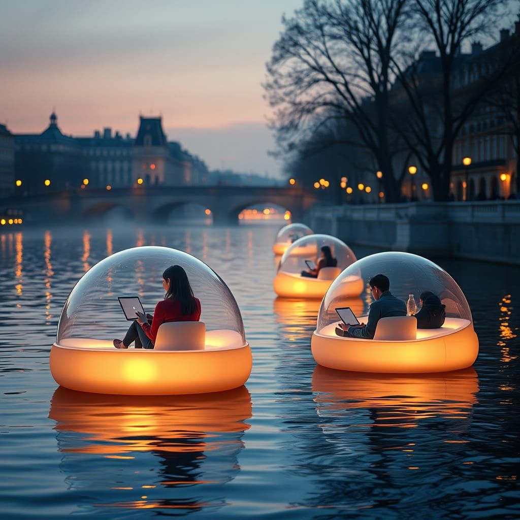 Floating Pods on River at Sunset in Photorealistic Style