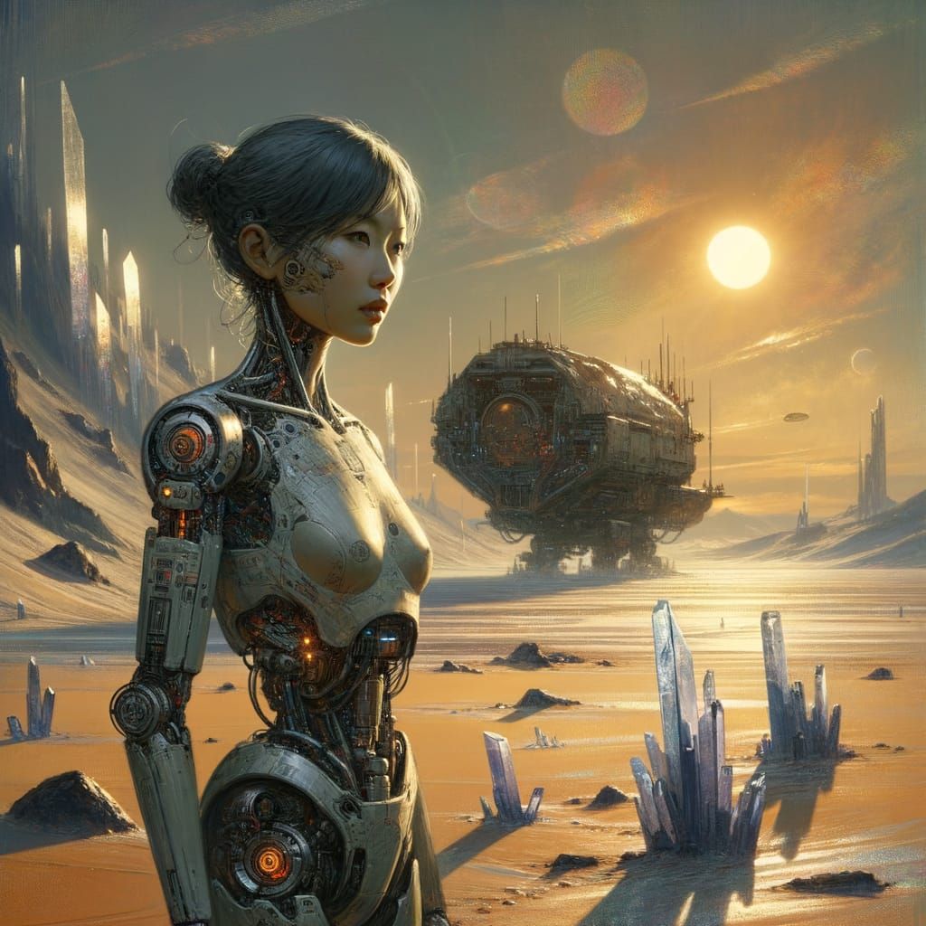 Android Gaze on Alien Planet in Gritty Concept Art