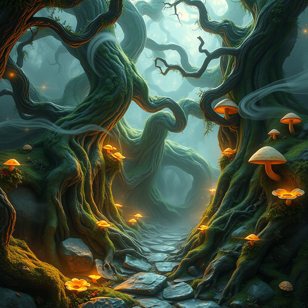 Mystical Dead End with Bioluminescent Flora, Fantasy Art