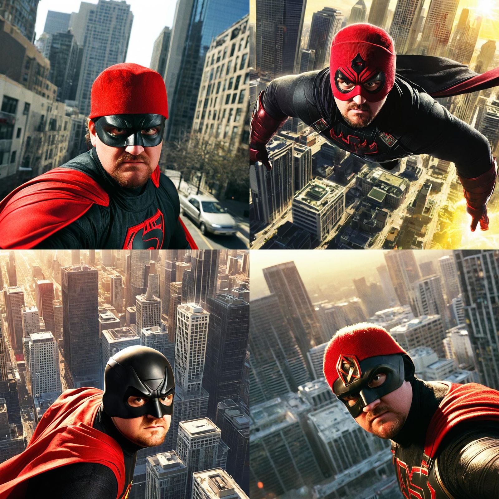 Superhero Soaring Over City in Black and Red Costume