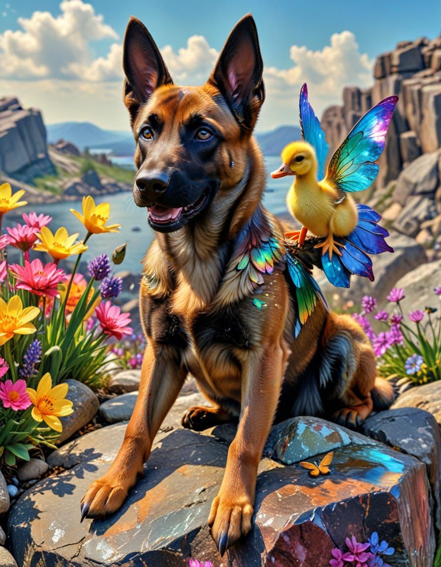 Malinois Dog and Fairy Duckling in Surrealist Fantasy
