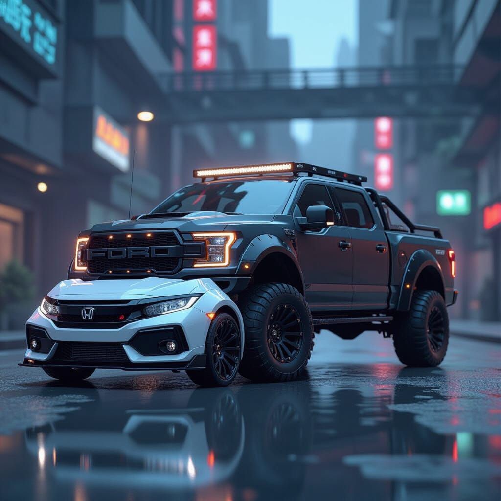 Futuristic Fusion: Black Ford and White Honda in Sci-Fi Styl...