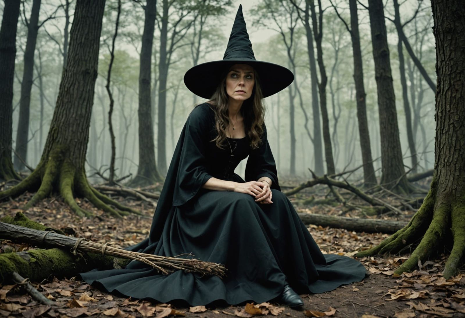 Frustrated Witch with Broken Broom in Dark Forest