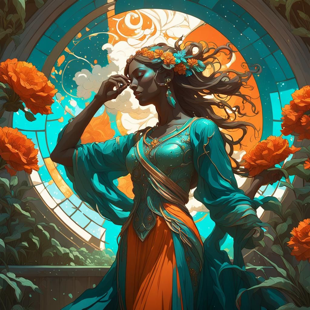 Celestial Garden: Maiden Brushing Hair, Art Nouveau Style