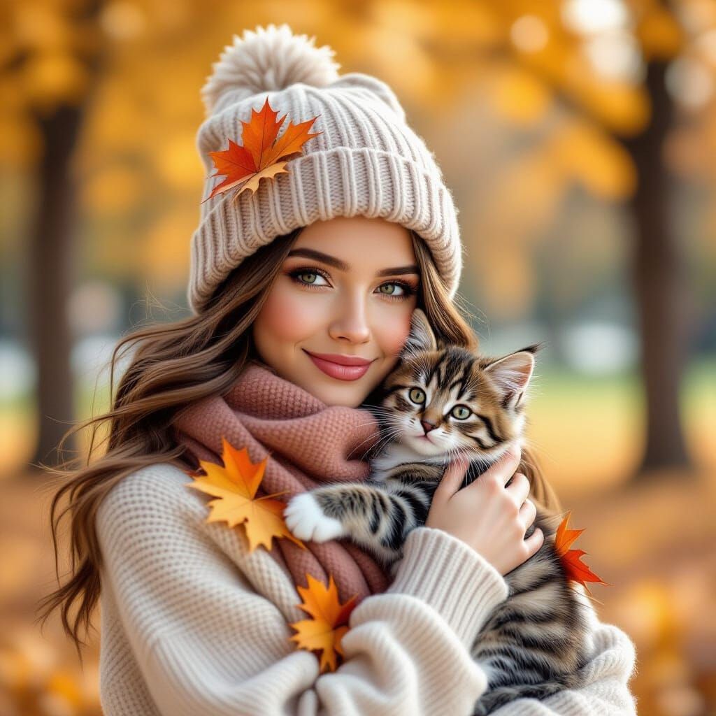 Woman Embraces Kitten in Autumn Park