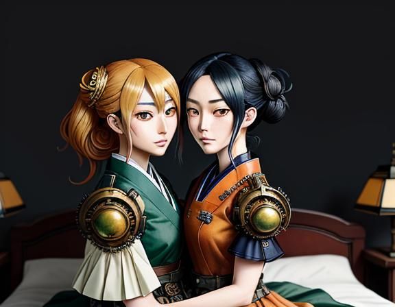 Twin Kemono Sisters Kissing in Steampunk Manga Style
