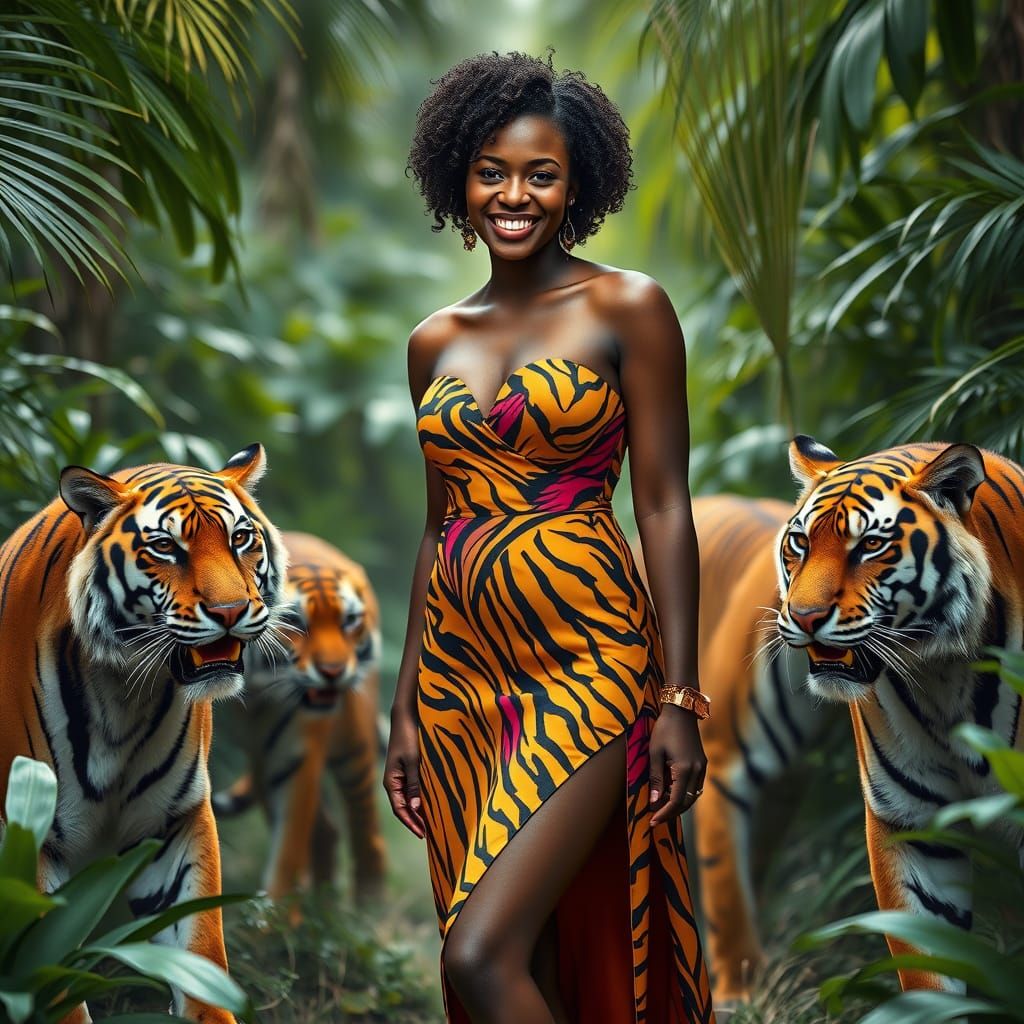 Stunning Black Woman Surrounded by Tigers in a Vibrant Jungl...