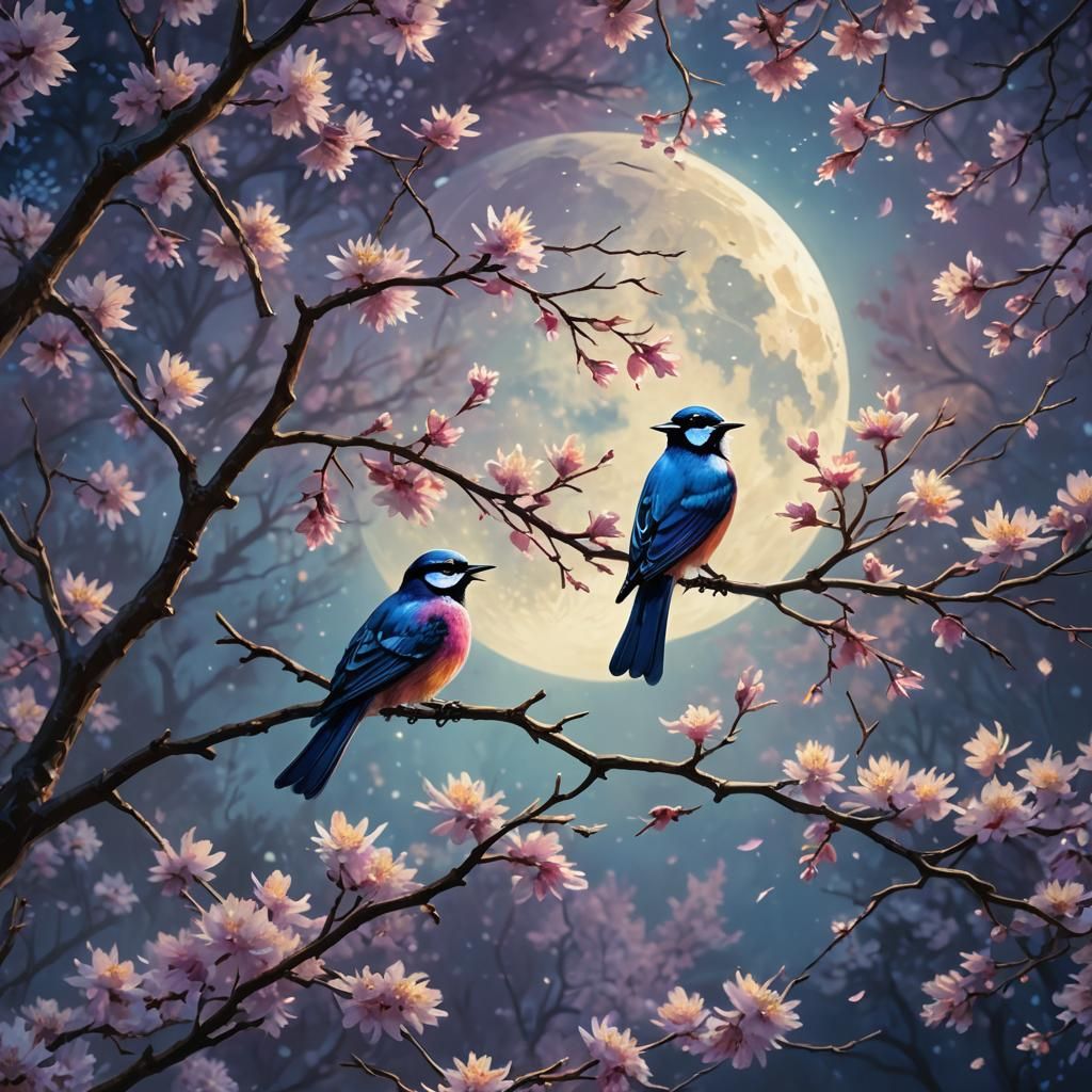 Bird on Blossoming Branch in Impressionistic Style