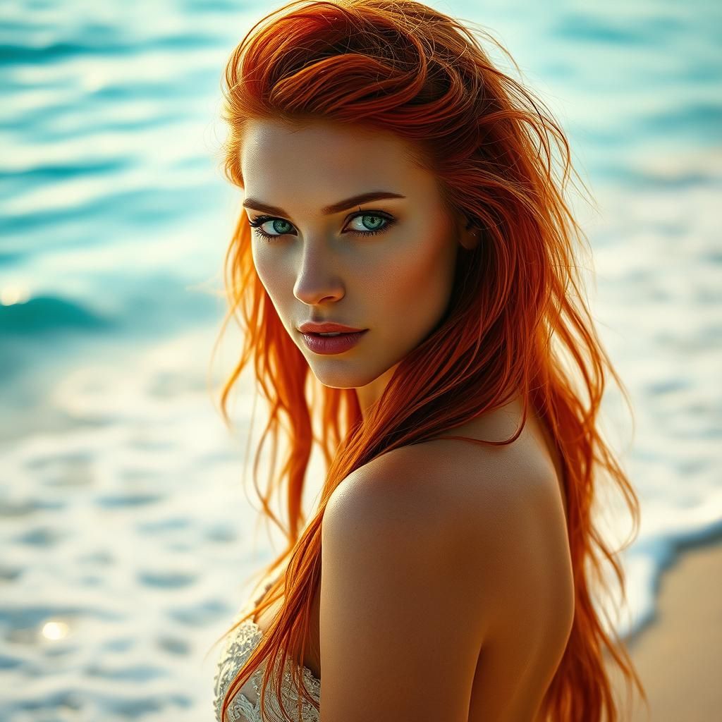 Striking Redhead on Azure Shoreline with Cinematic Lighting