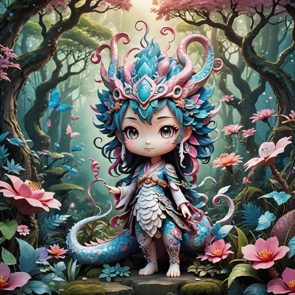 Chibi Naga in Fantasy Forest: Japanese Anime 3D Art