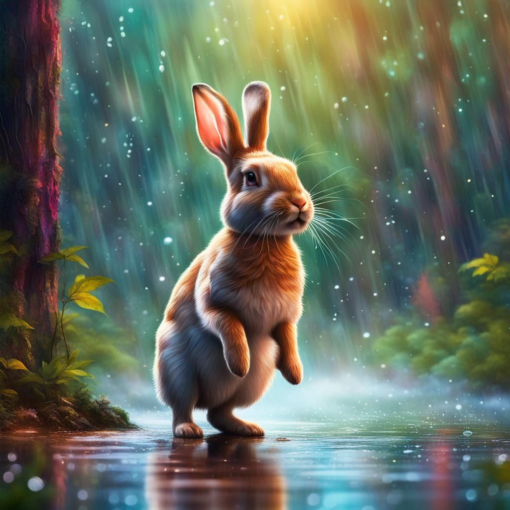 Rabbit Dancing in Rainy Whimsical Forest