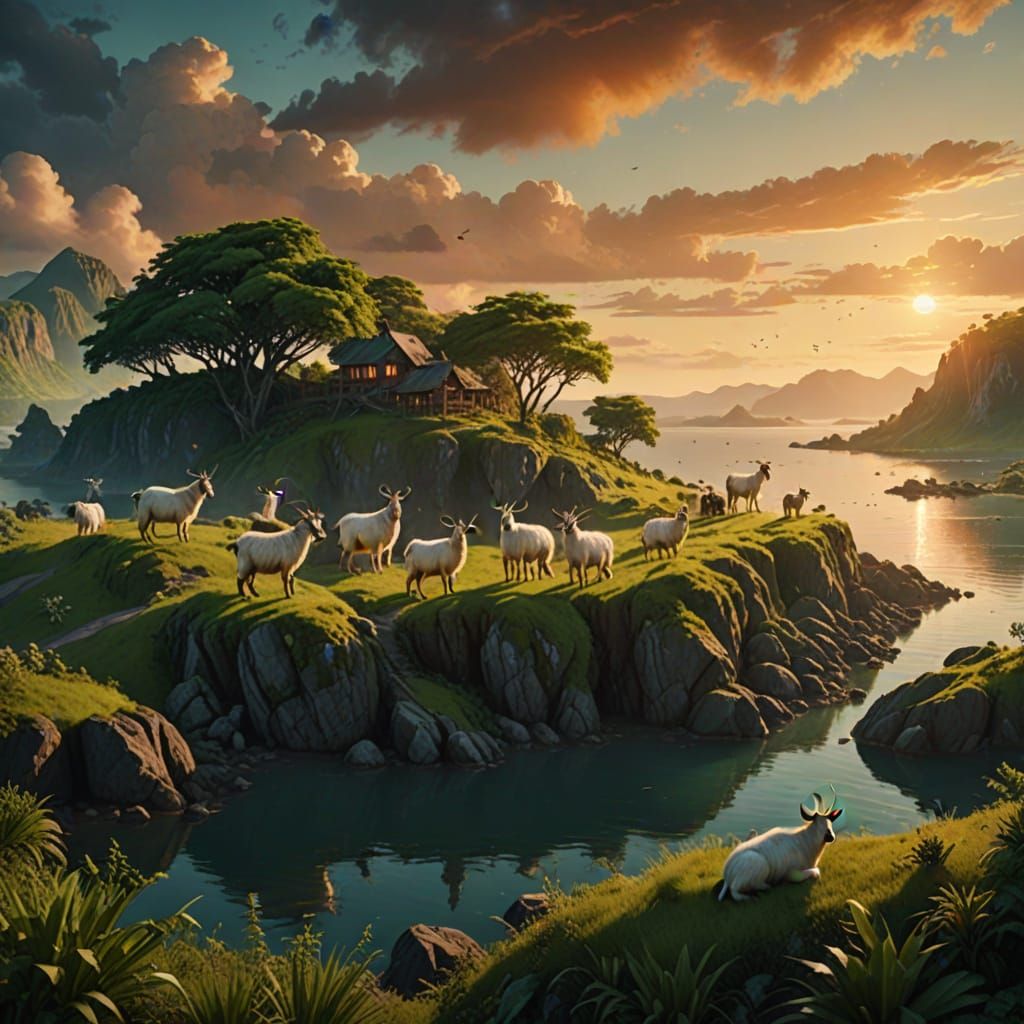 Island Paradise with Goats in Fantasy Landscape