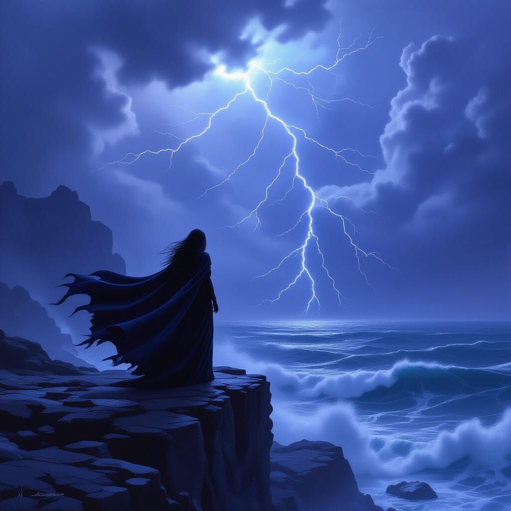 Lone Sorceress on Cliff Overlooking Stormy Sea