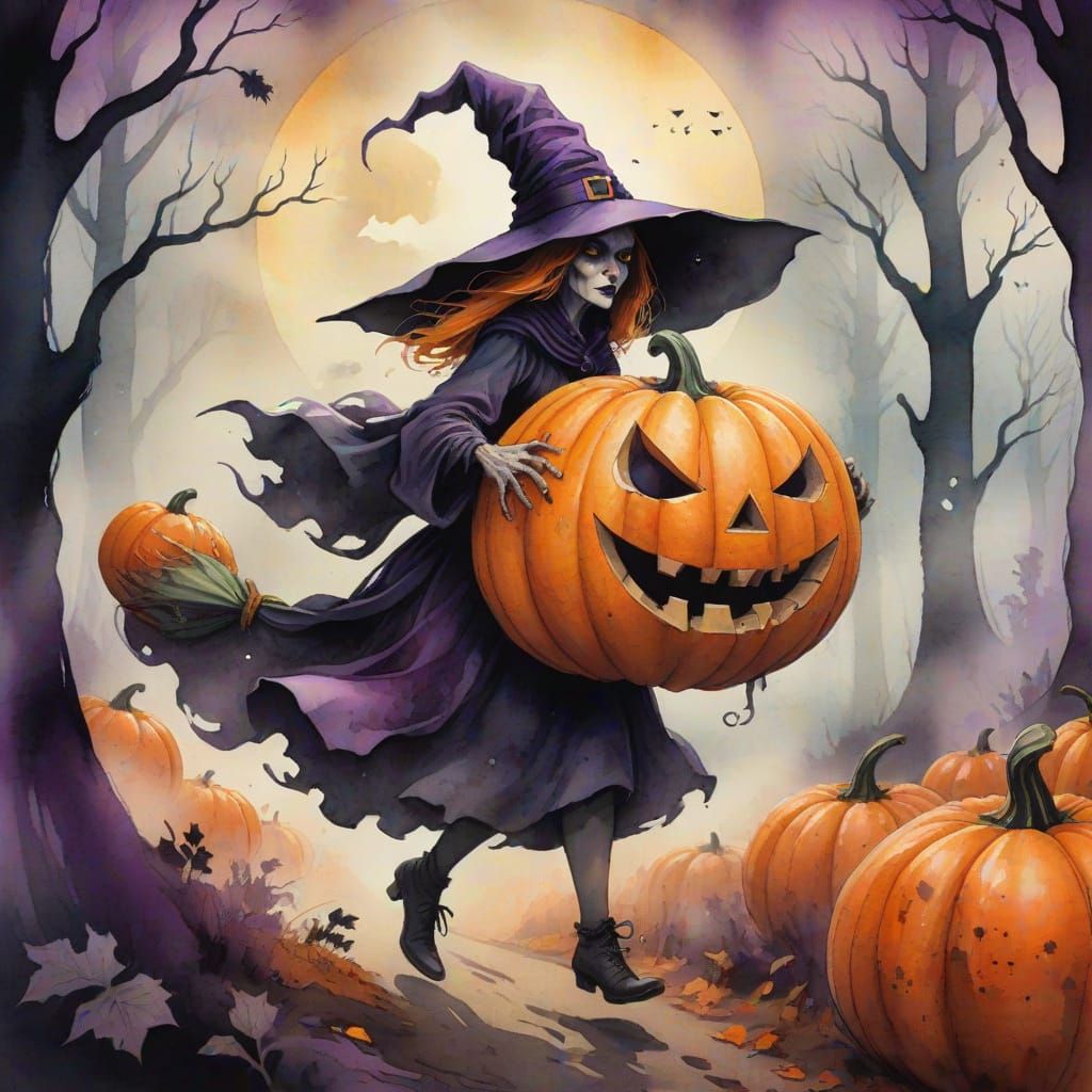 Witch with Pumpkin in Moody Ink and Watercolor
