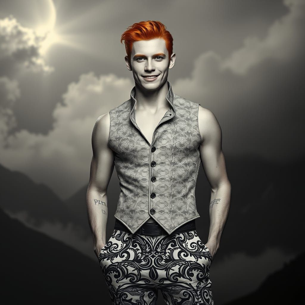 Athletic Man in Gaultier Fashion on Moody Mountain