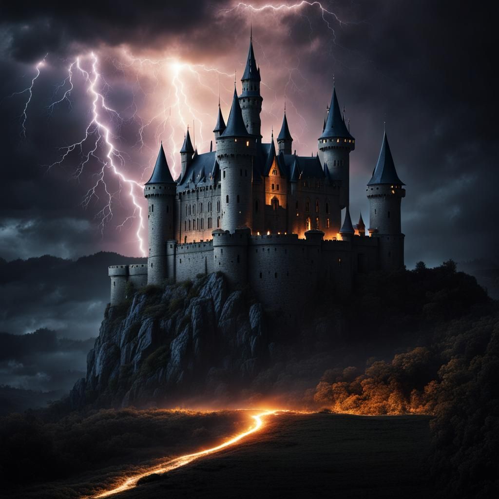 Dark Castle in Mystical Lightning Storm