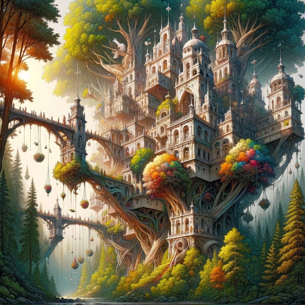 Surreal Castle Amidst Vibrant Forest