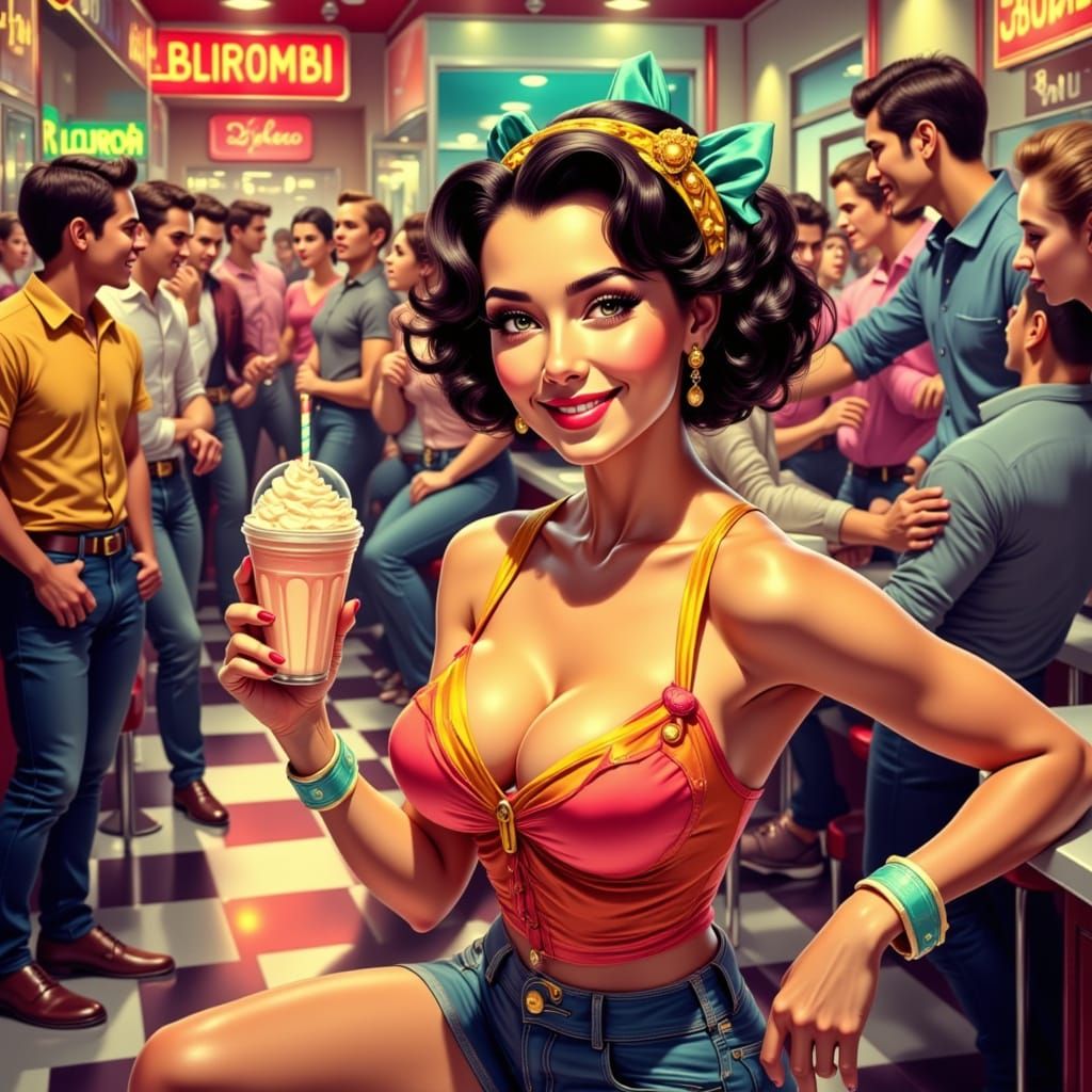 Woman Enjoys Milkshake in Retro Diner Surrounded by Admirers