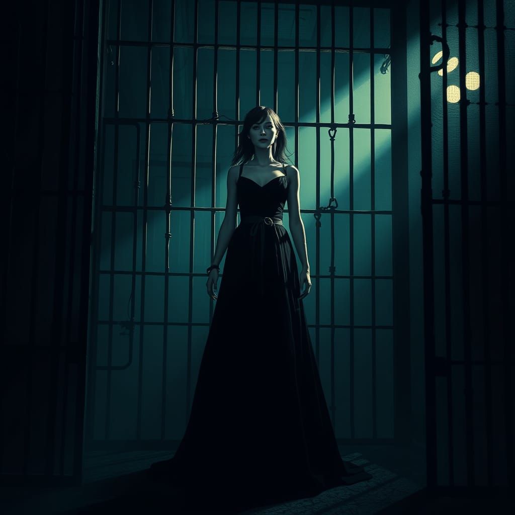 Woman in Prison Cell with Film Noir Lighting