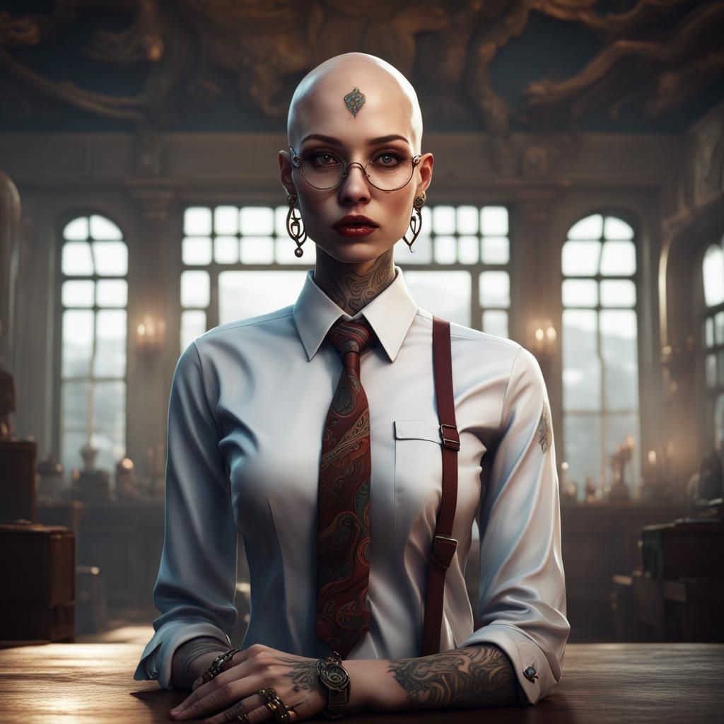 Bald Woman with Tattoos: Detailed Matte Painting