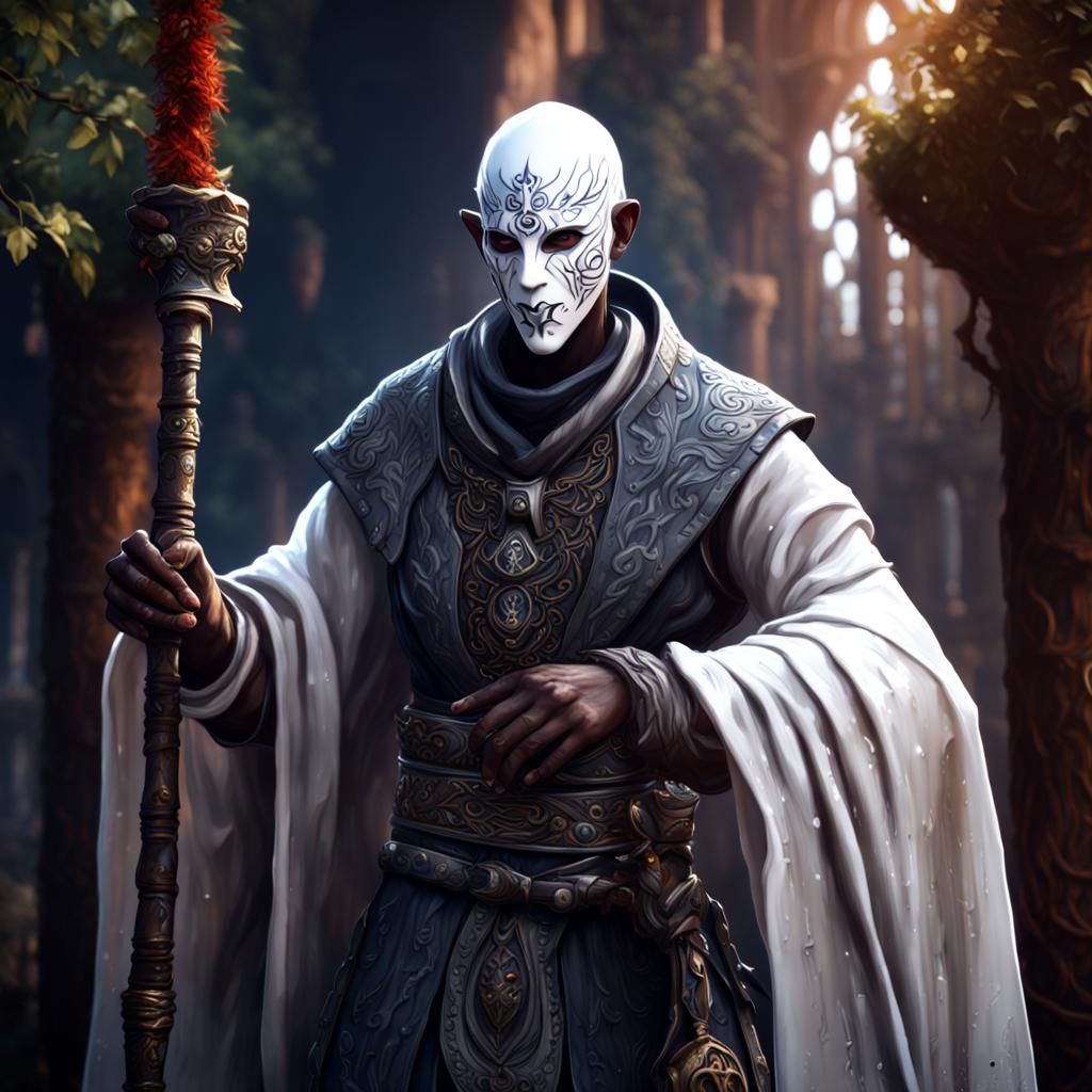 Blind Drow Monk in White Mask: Fantasy Art