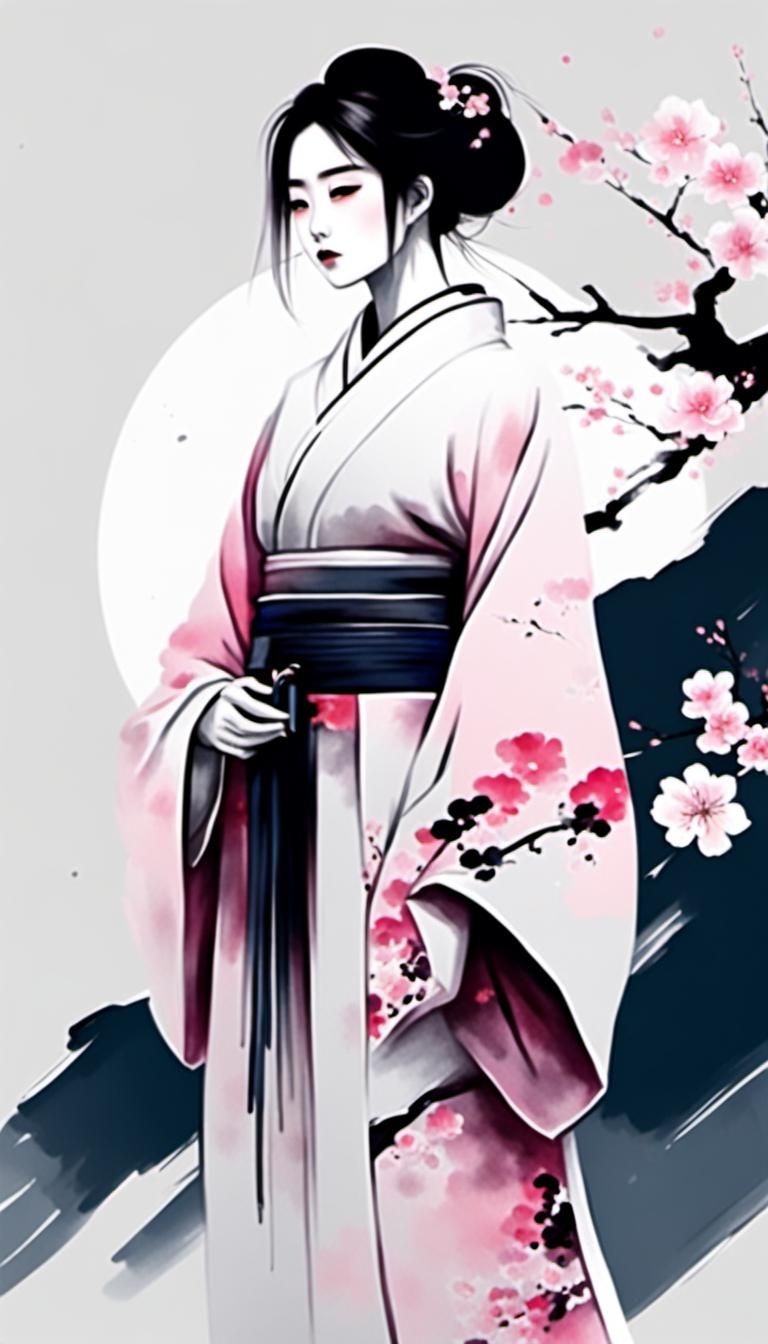 Minimalist Ink Painting of Girl in Kimono