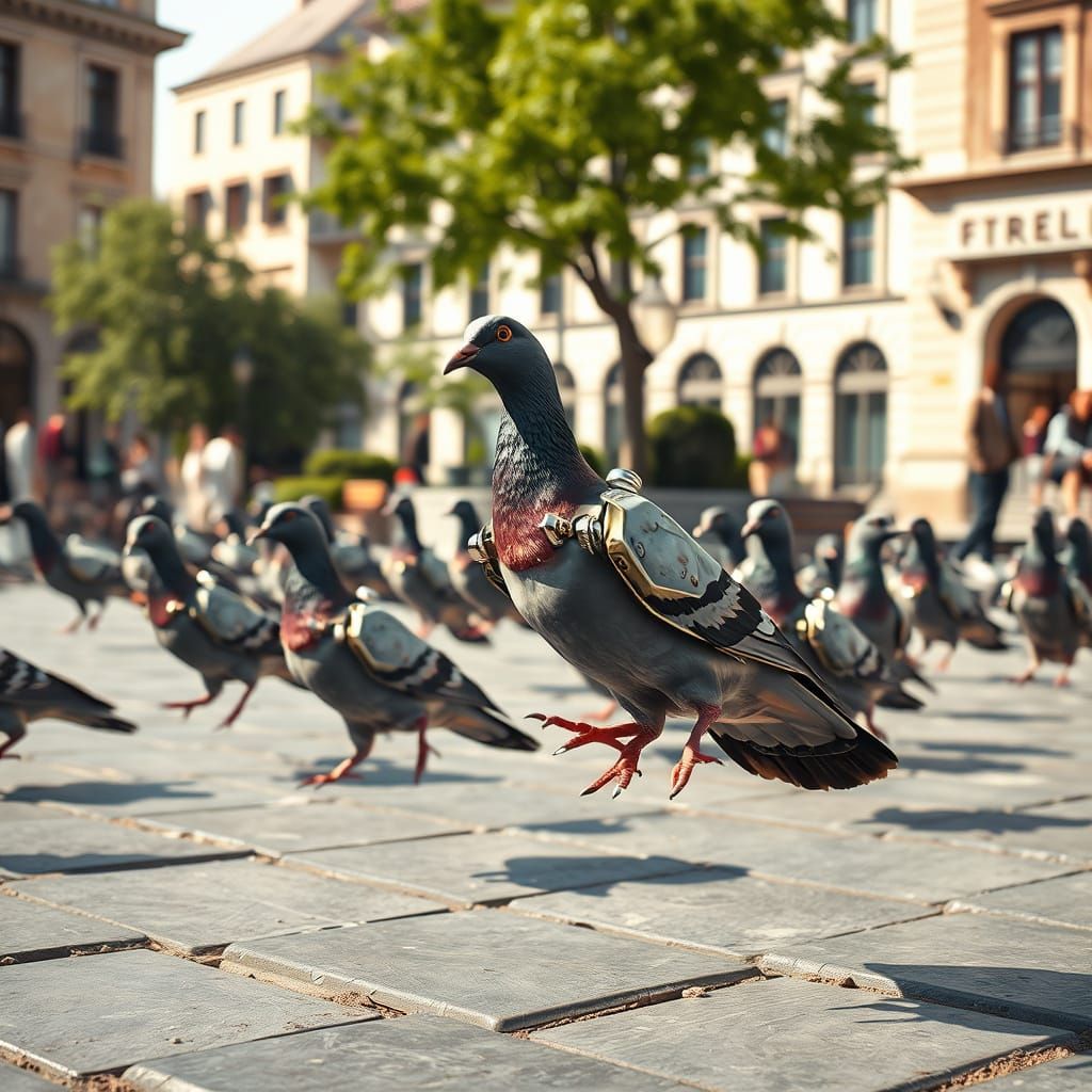 Pigeons with Jetpacks in City Square - Erwin Olaf Style