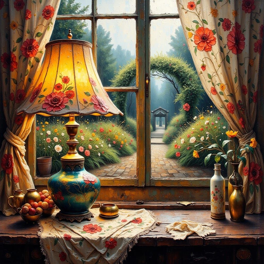 Folk Art Ceramic Lamp in Moody English Garden