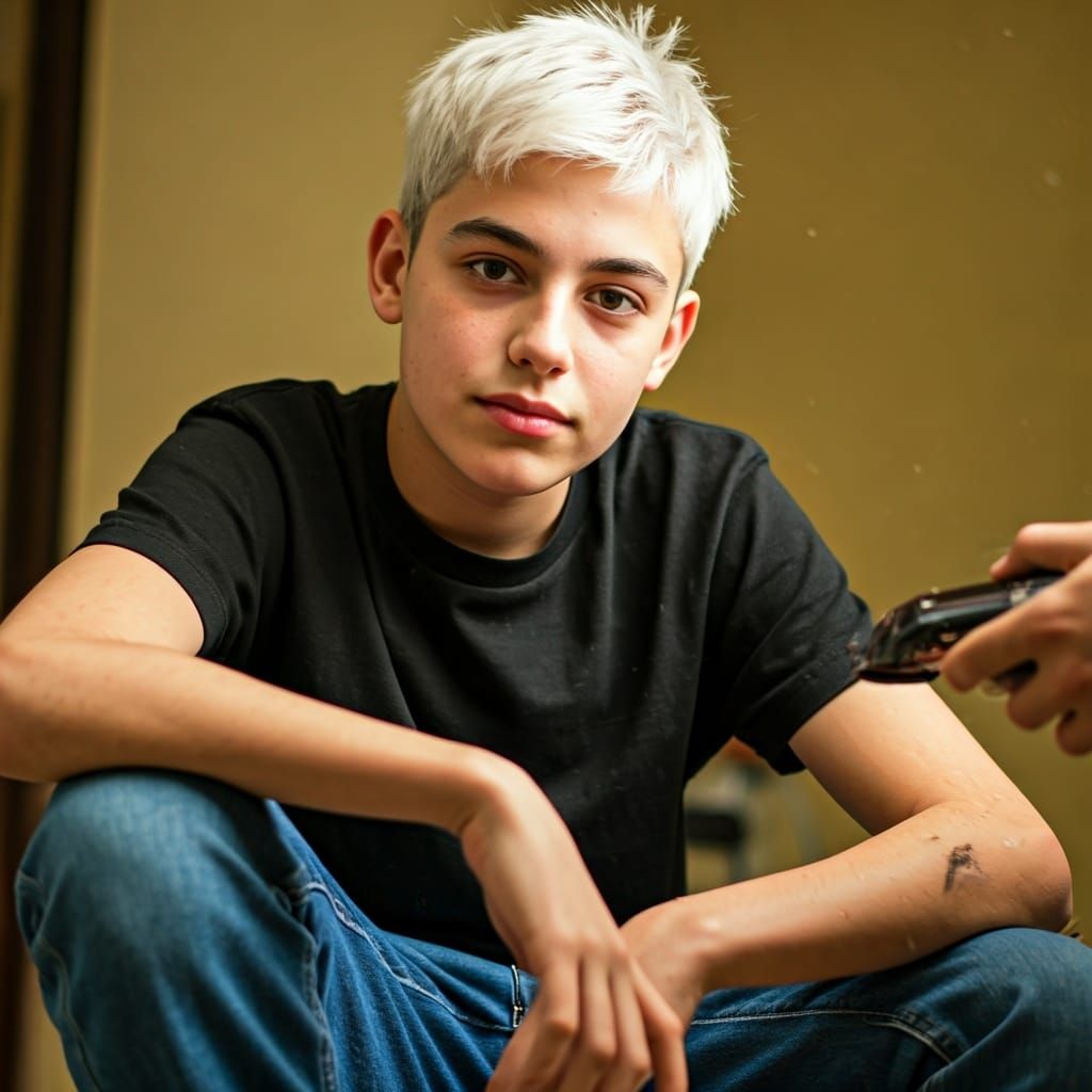 Boy Takes Selfie During Haircut: Natural Portrait