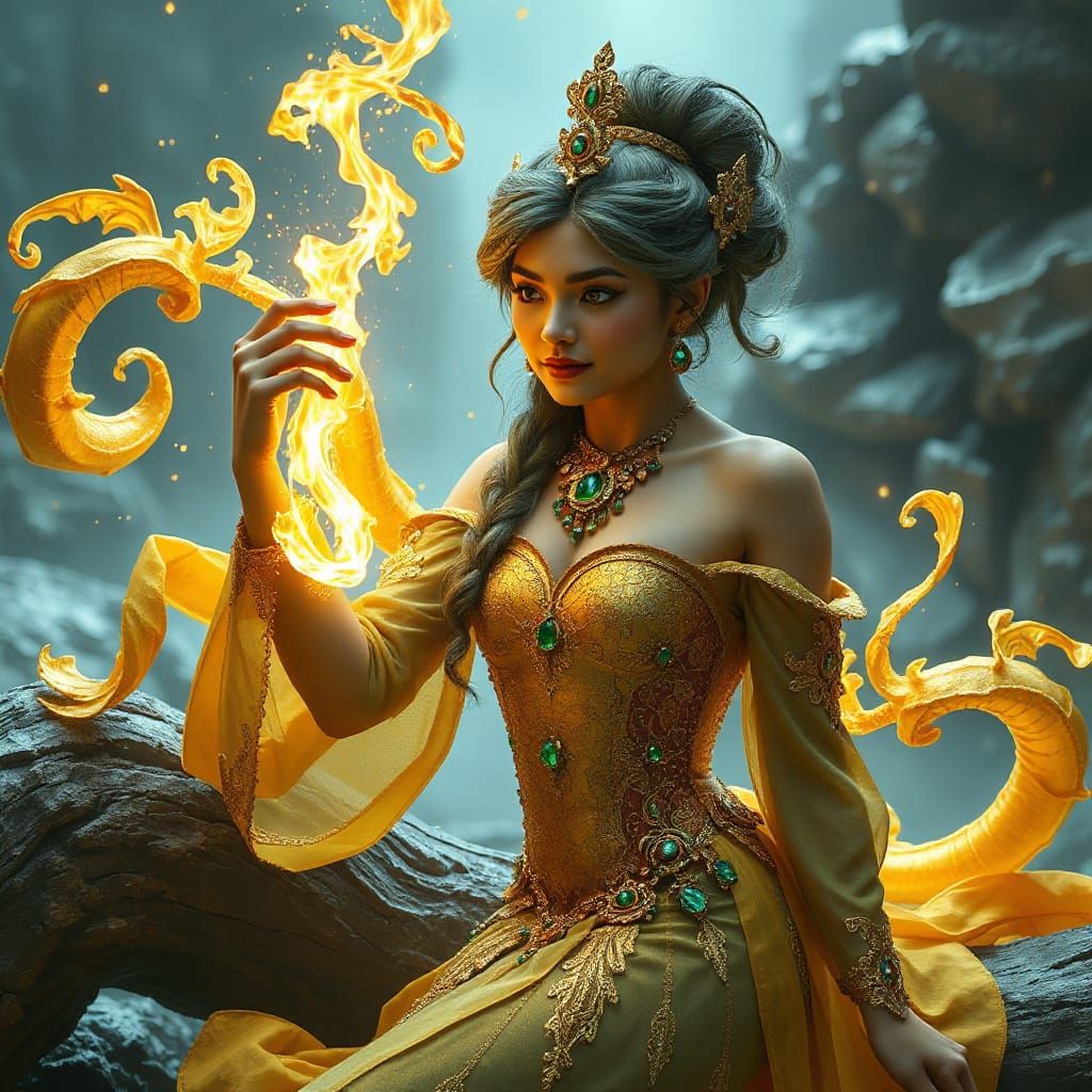 Ethereal Genie Creates Golden Dress in Fantasy Landscape