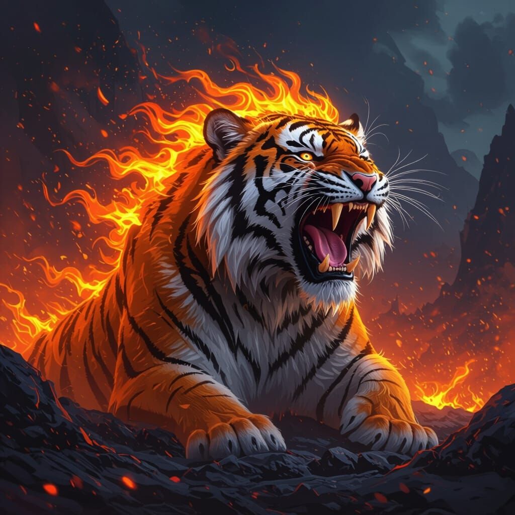 Fiery Tiger Roaring in Volcanic Landscape