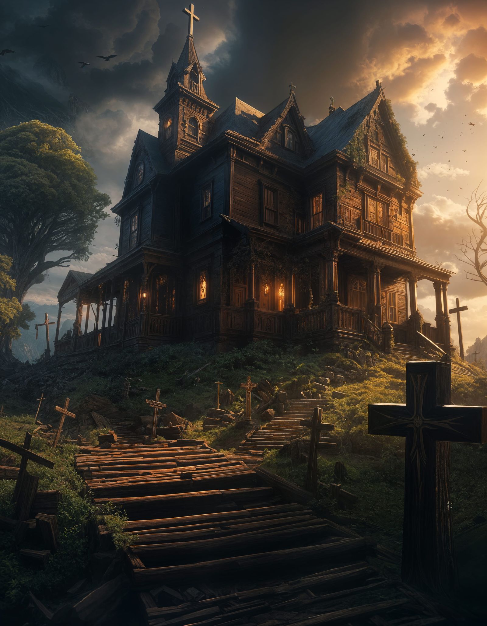 Epic House in Dramatic Maximalist Digital Painting